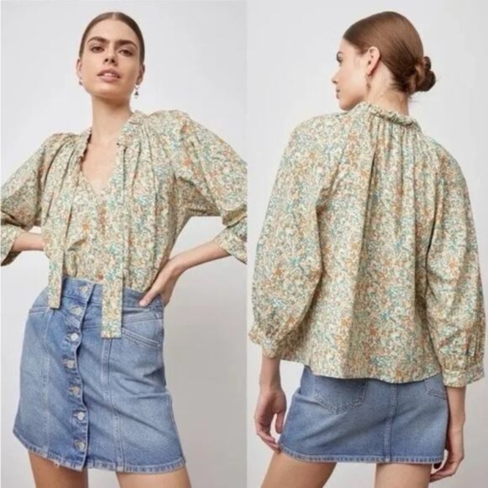 Rails Amal Relaxed Tie Neck in Cassia Multicolor Cotton Blend Floral Blouse